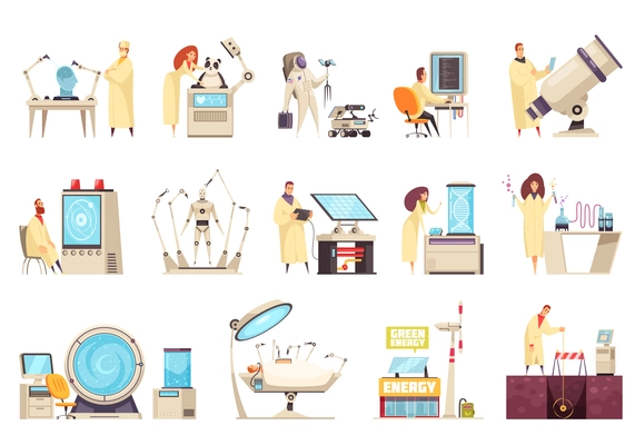 Science icons set with modern equipment and scientists working in different fields of  innovative development isolated vector illustration