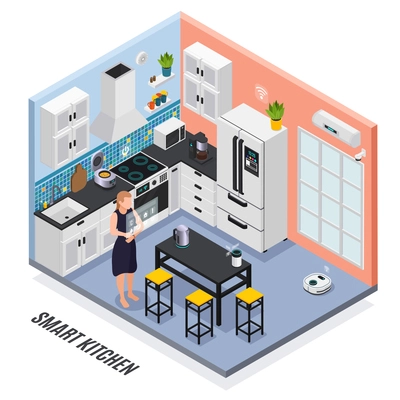 Smart kitchen interior iot devices controlled with touch screen isometric composition with multi cooker fridge vector illustration