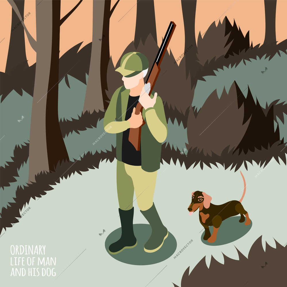 Ordinary life of man and his dog isometric background man on hunt with his dog vector illustration