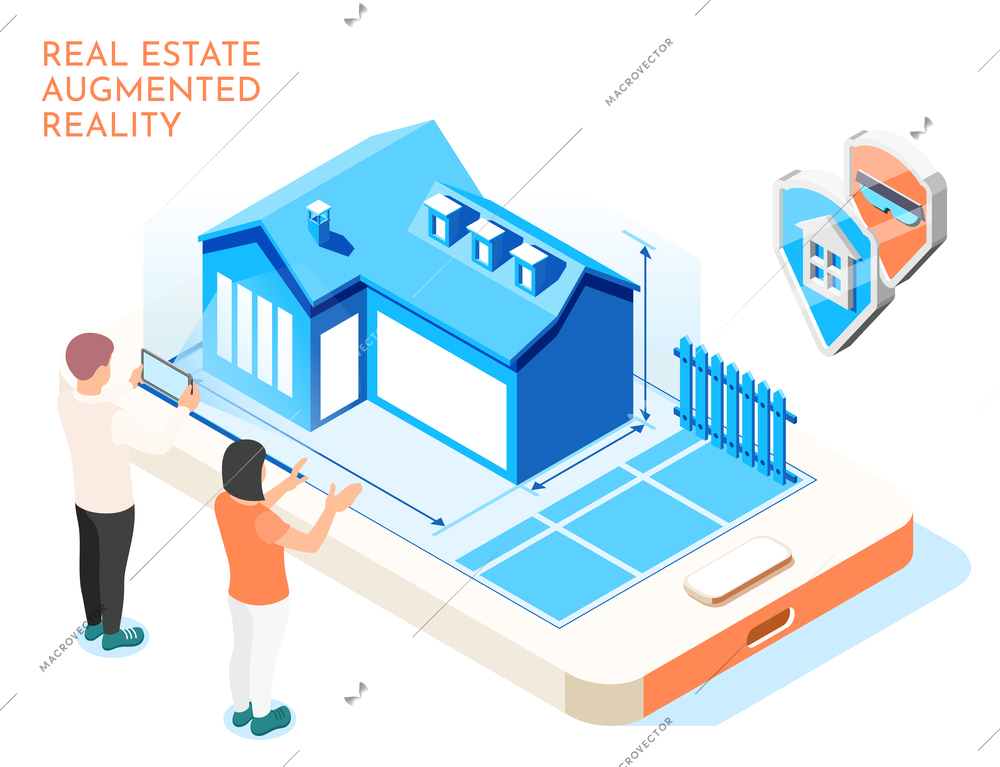 Real estate augmented reality isometric composition with love couple imagine their future life vector illustration