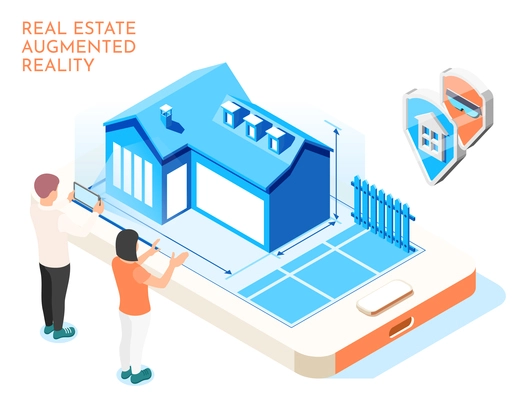 Real estate augmented reality isometric composition with love couple imagine their future life vector illustration