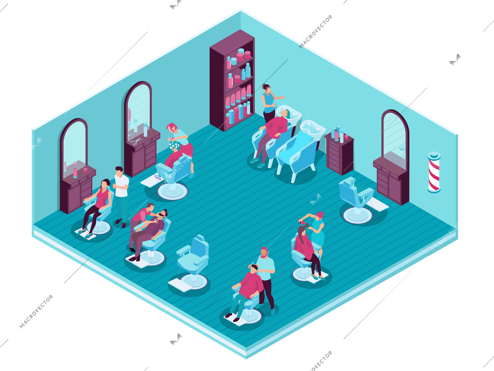 Hairdressers serving their clients in barbershop 3d isometric vector illustration