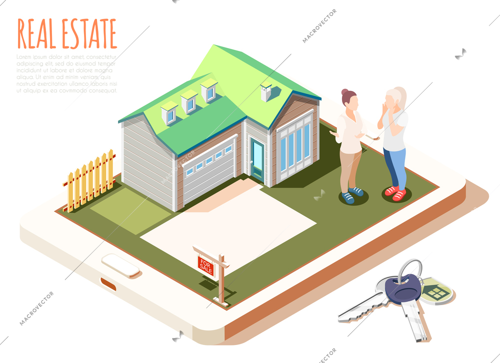 Real estate augmented reality isometric composition with cute cozy house with green roof vector illustration