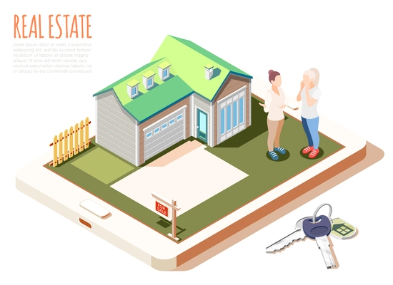 Real estate augmented reality isometric composition with cute cozy house with green roof vector illustration