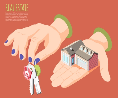 Real estate augmented reality isometric background big women s hands with keys vector illustration