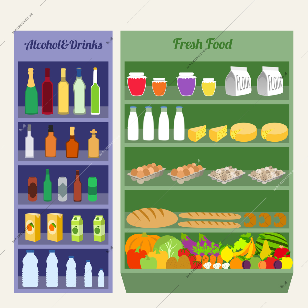 Supermarket shelves fresh food alcohol and drinks flat vector illustration