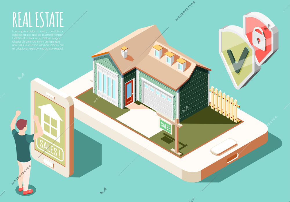 Real estate augmented reality isometric background with online advertising and man buying house vector illustration