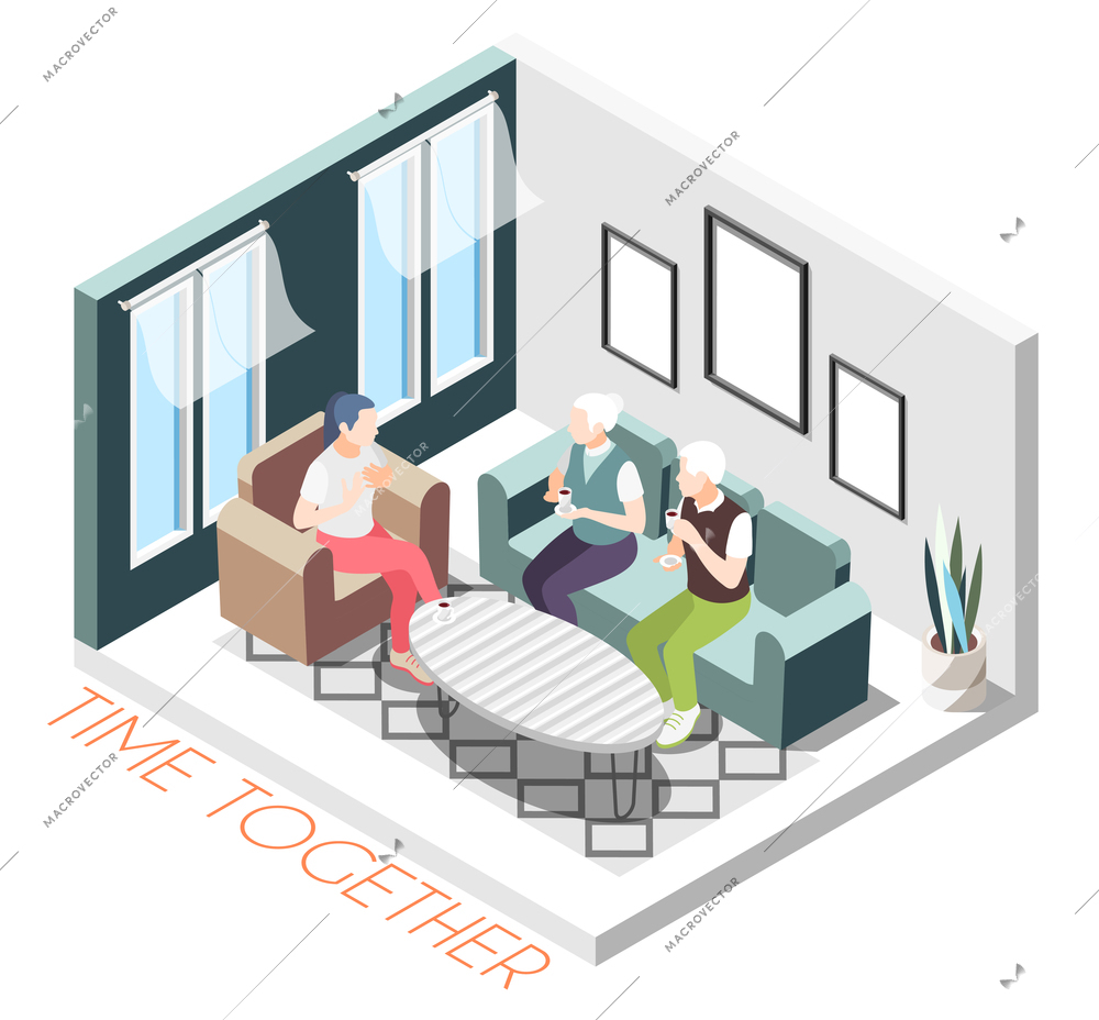 Isometric colored time together composition with girl visits parents at their home vector illustration