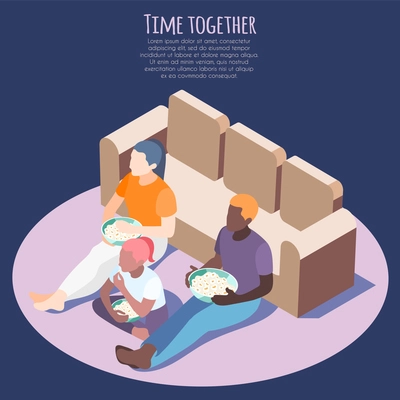 Time together isometric background with friends watch the movie with pop corn vector illustration