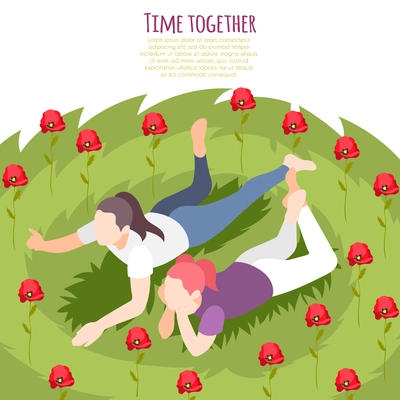 Time together isometric colored background with two girls lie on the grass vector illustration