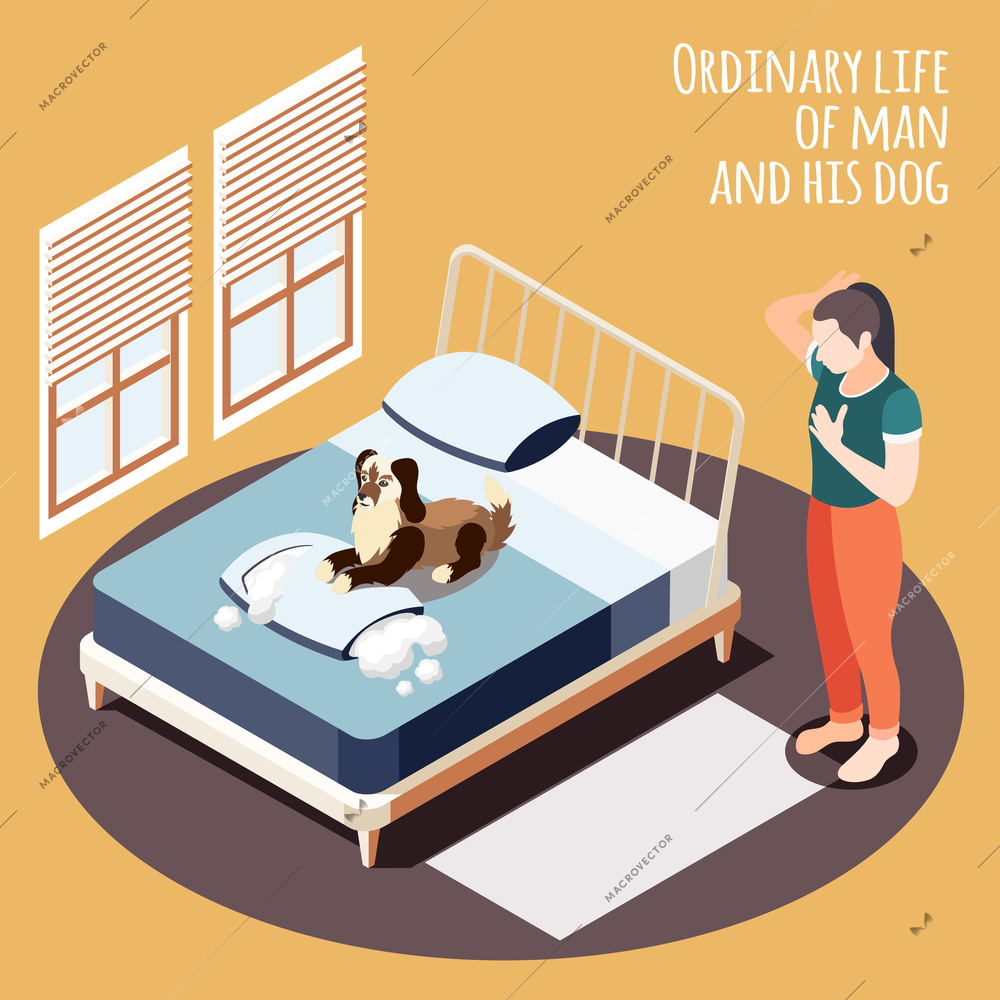 Isometric ordinary life background with life of man and his dog and his girlfriend caught the dog for dirty tricks vector Illustration