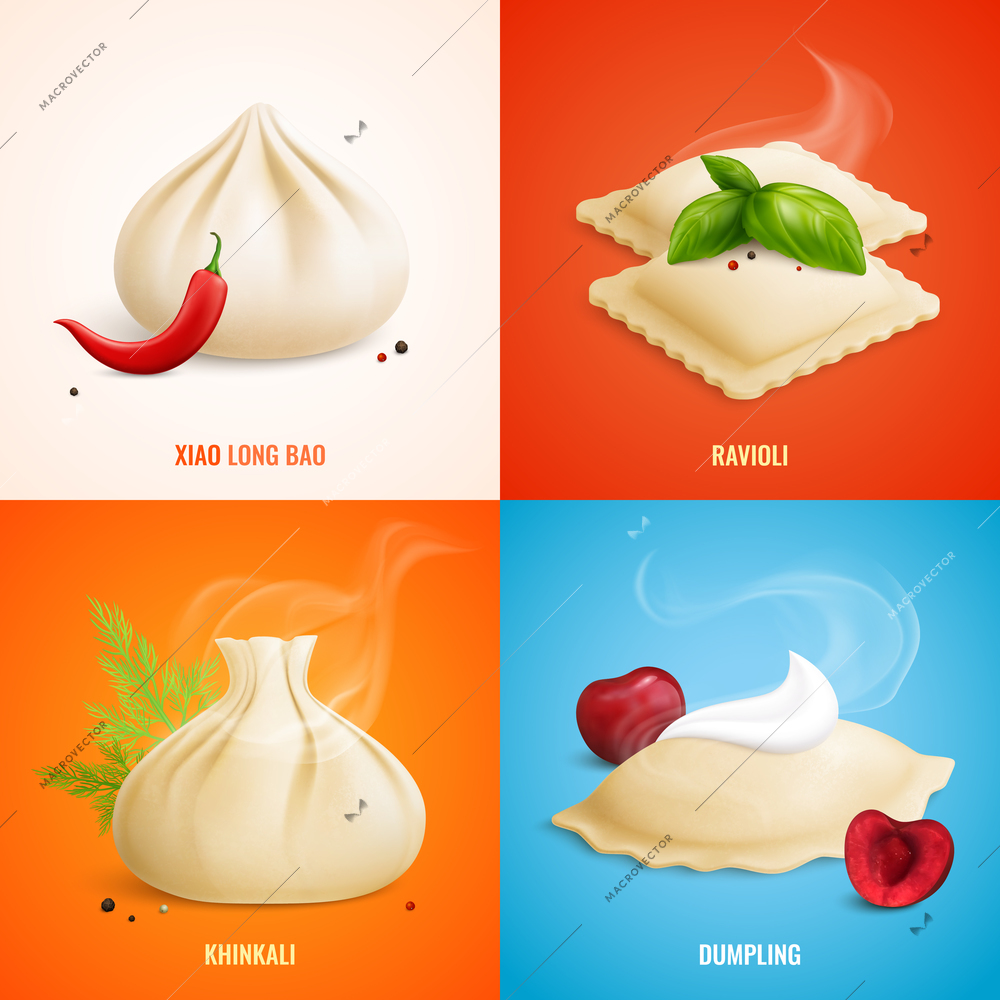 Four squares dumplings ravioli manti icon set with xiao long bao ravioli khinkali dumpling descriptions vector illustration