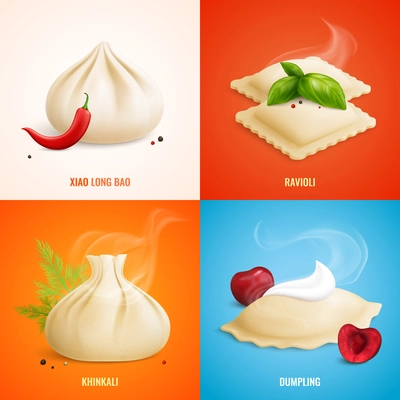 Four squares dumplings ravioli manti icon set with xiao long bao ravioli khinkali dumpling descriptions vector illustration