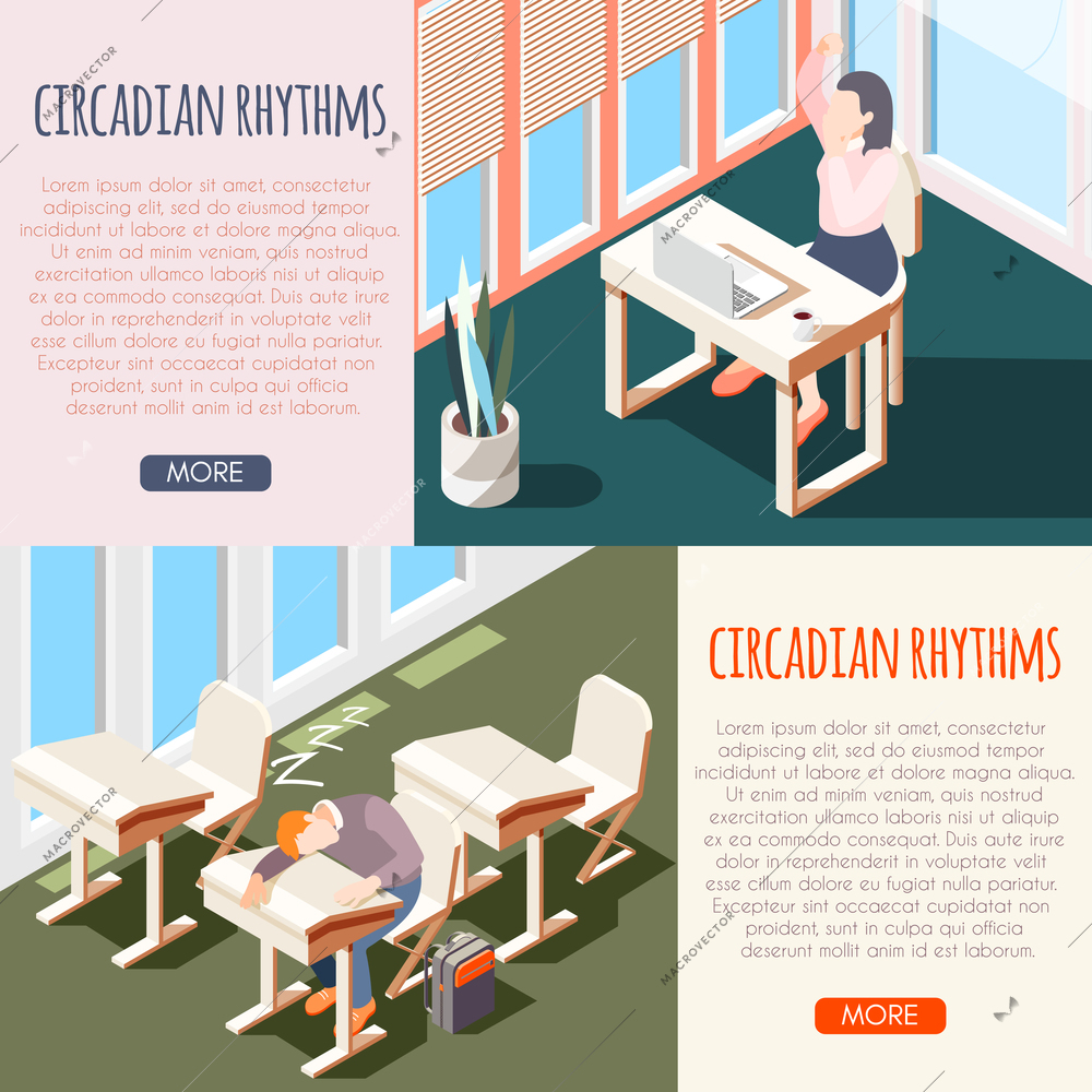 Human circadian rhythms isometric banner set with sleeping peoples and buttons more vector illustration