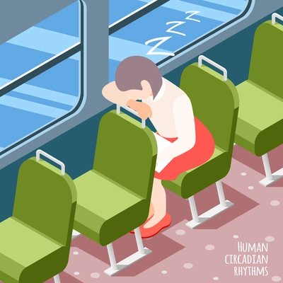 Human circadian rhythms isometric colored background with woman sleeping in public transport vector illustration