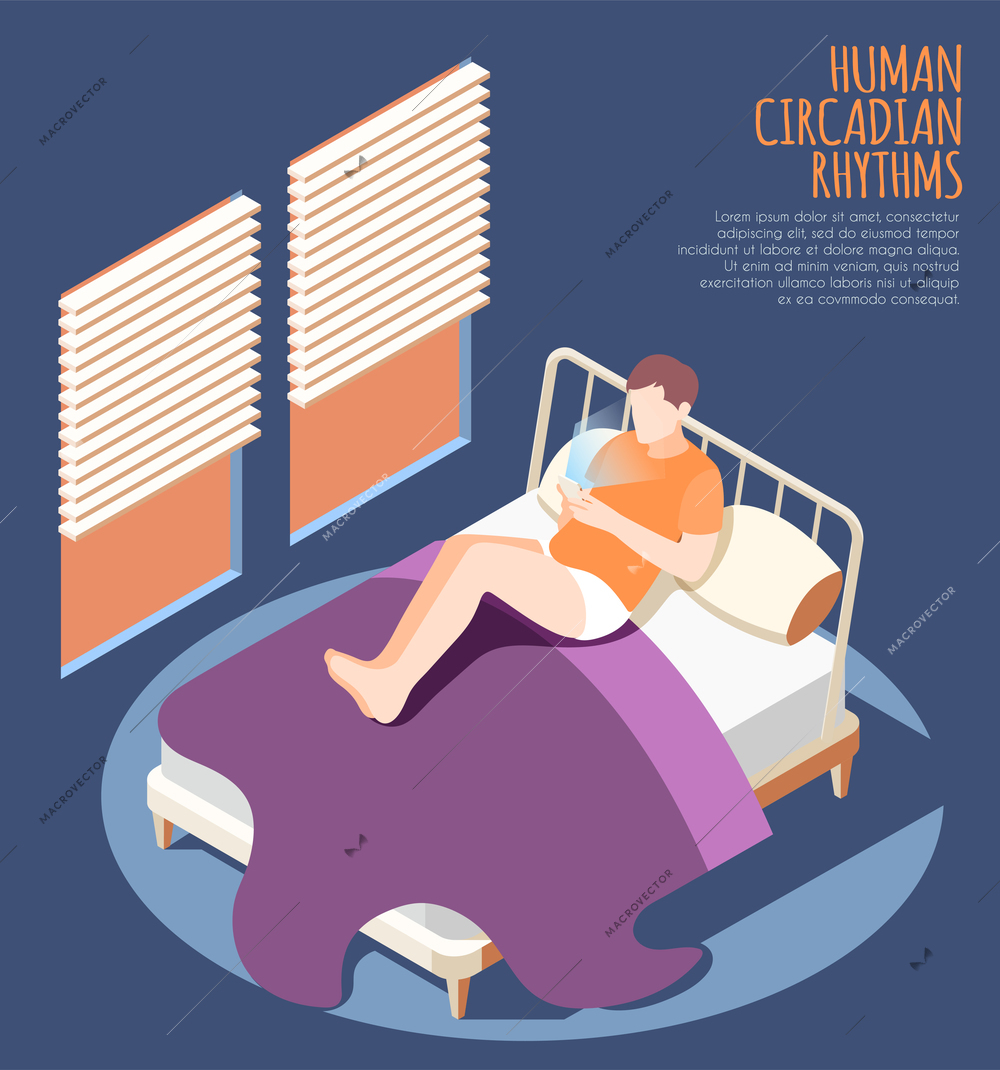 Human circadian rhythms isometric colored background with man at home on the bed watch smartphone vector illustration