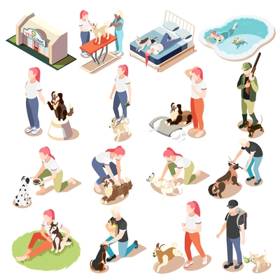 Ordinary life of man and his dog isometric icon set woman and man with their dogs vector illustration