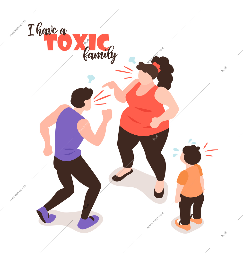 Isometric positive and negative parenting background with isolated images human characters of yelling parents and child vector illustration
