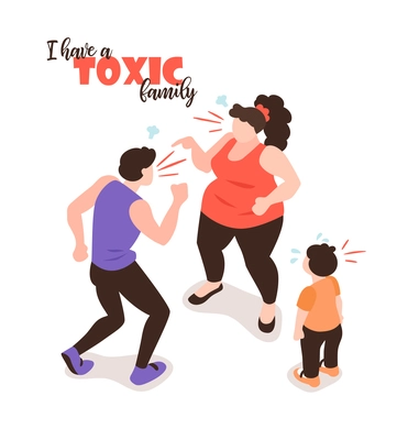 Isometric positive and negative parenting background with isolated images human characters of yelling parents and child vector illustration