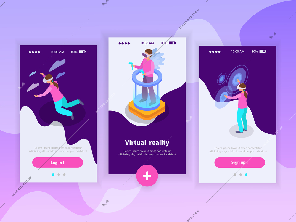 Augmented reality vertical banners set with people using augmented reality glasses isometric isolated vector illustration