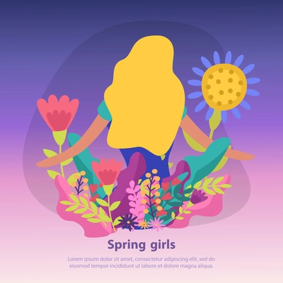 Colorful flat background with spring flowers and girl with long fair hair vector illustration