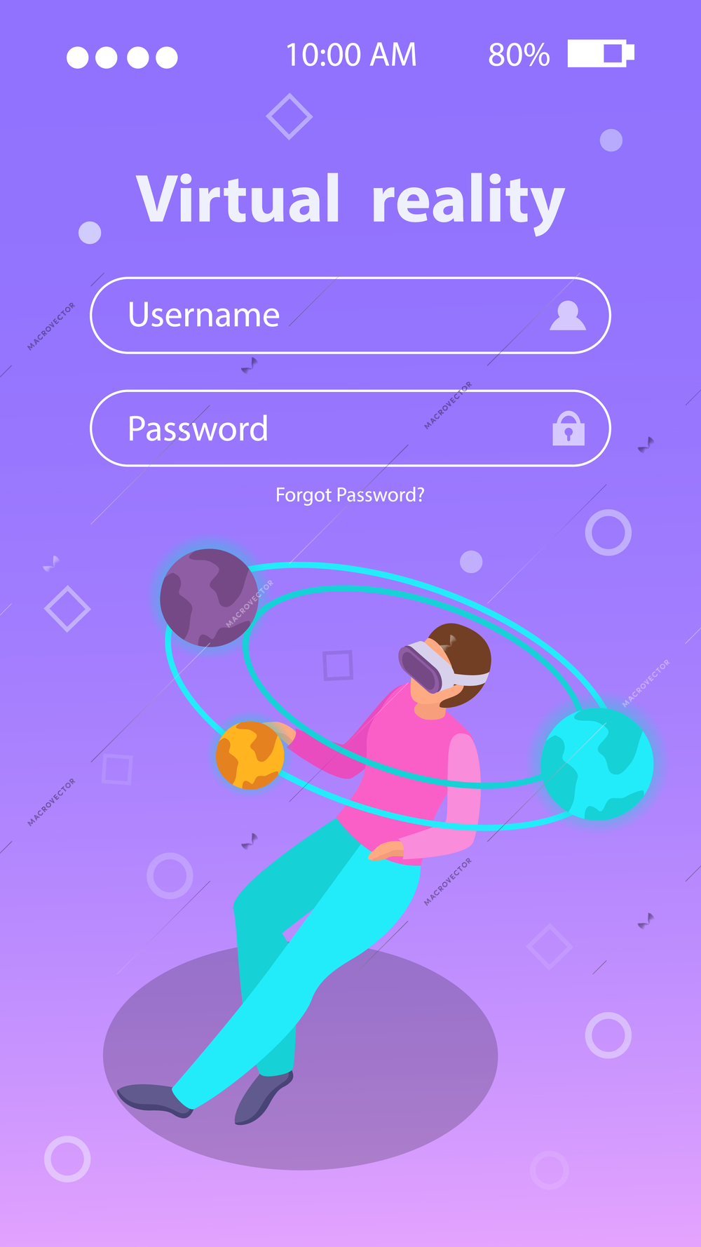 Login form isometric background with person wearing augmented reality goggles 3d vector illustration