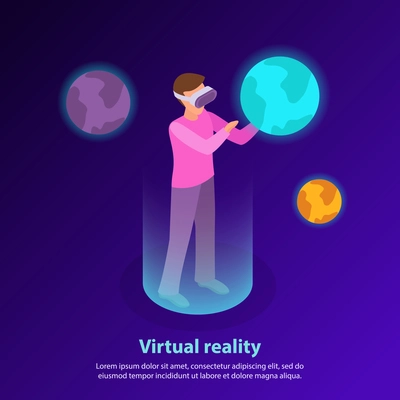 Isometric background with man wearing augmented reality glasses and touching planet 3d vector illustration