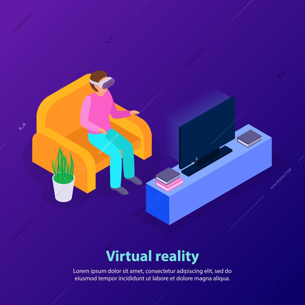 Person sitting in front of tv set and using virtual reality device on blue background 3d isometric vector illustration