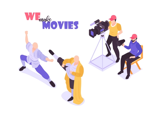 Isometric movie cinema composition with human characters of shooting crew members and actors on blank background vector illustration