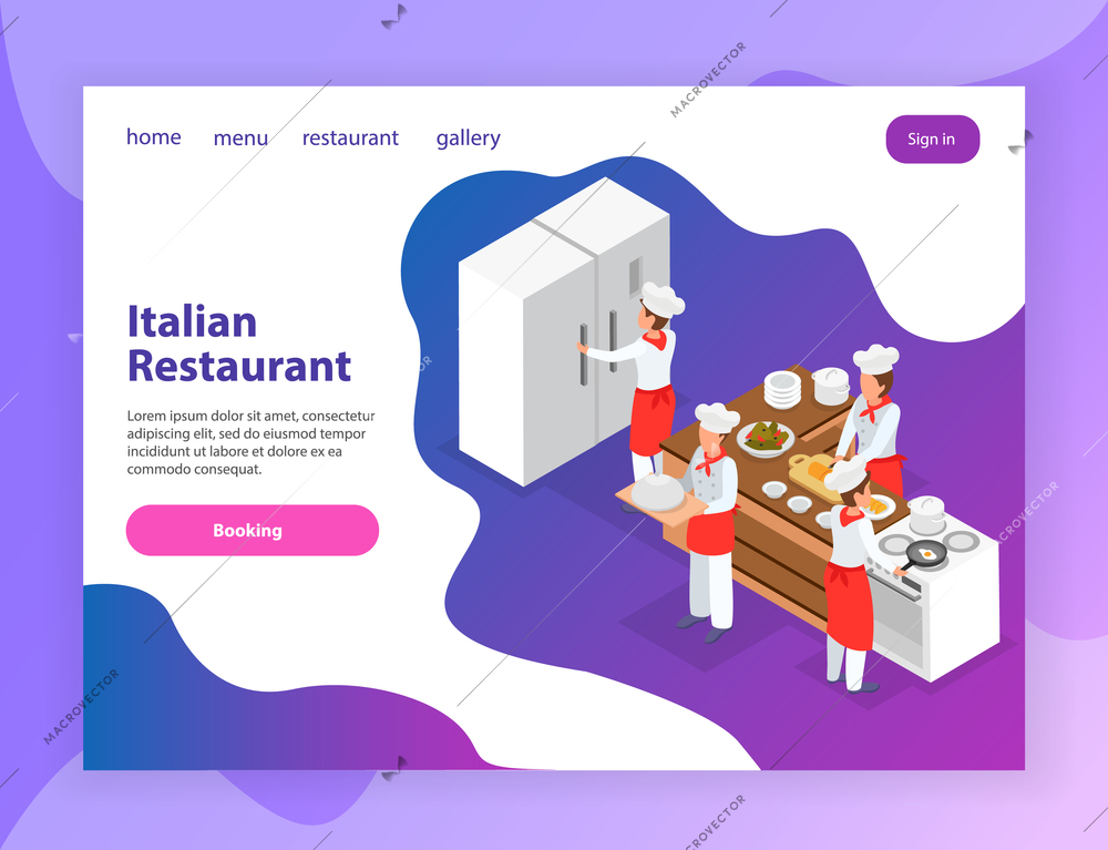 Italian restaurant website isometric landing page with chefs cooking various dishes in kitchen 3d isometric vector illustration