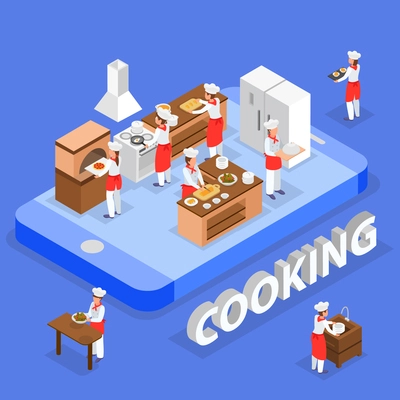 Cooking and delivery isometric composition with kitchen staff interior and smartphone concept3d vector illustration