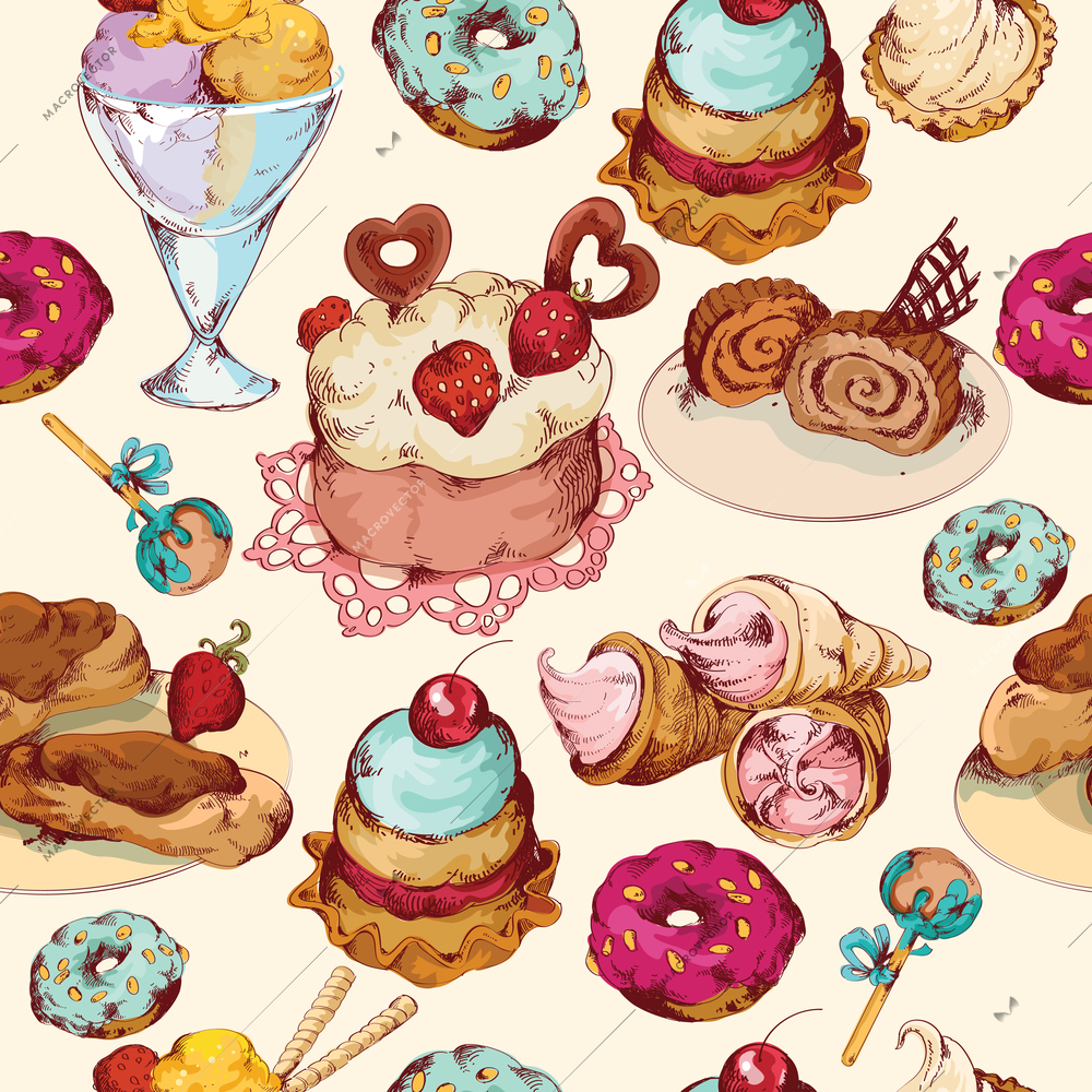 Food sweets bakery pastry ice cream and candies sketch colored seamless pattern vector illustration