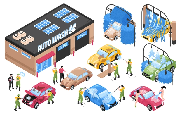 Isometric car washing services set with isolated wash station buildings and machinery with cars and people vector illustration