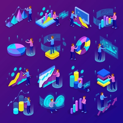 Isometric glowing business analytics icons set with people making various graphs and diagrams 3d isolated vector illustration