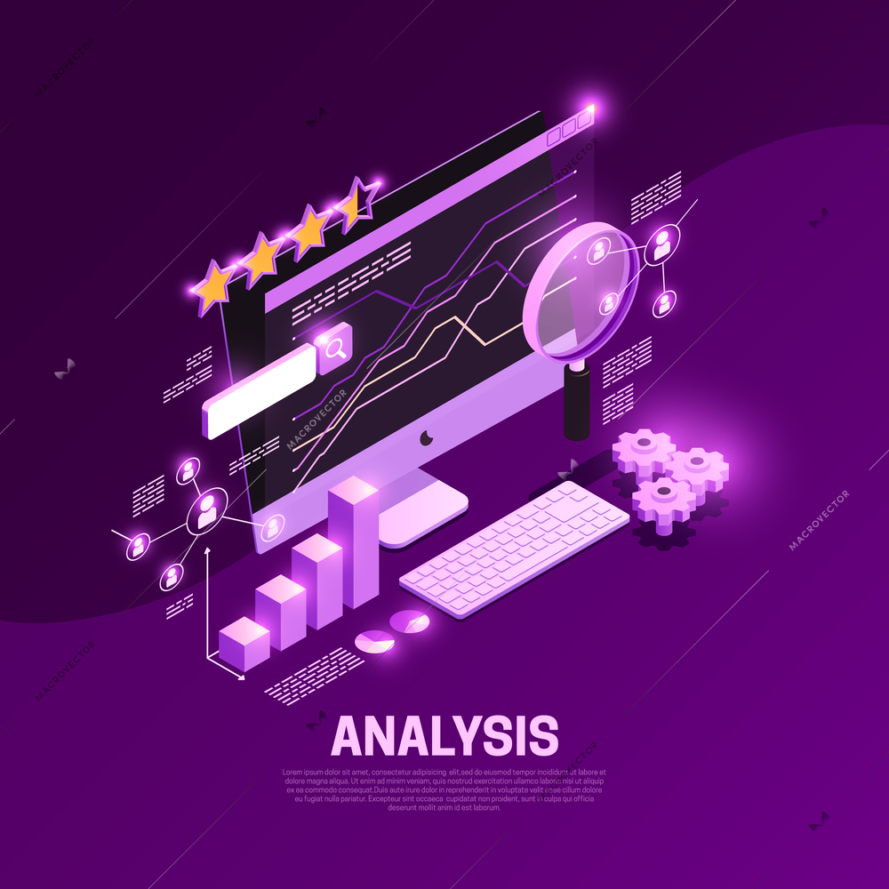 Web seo isometric composition with content analysis symbols vector illustration
