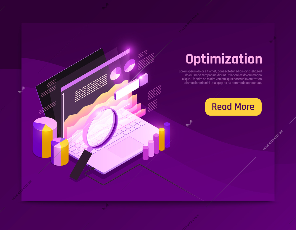 Web traffic isometric page design with data optimization symbols vector illustration