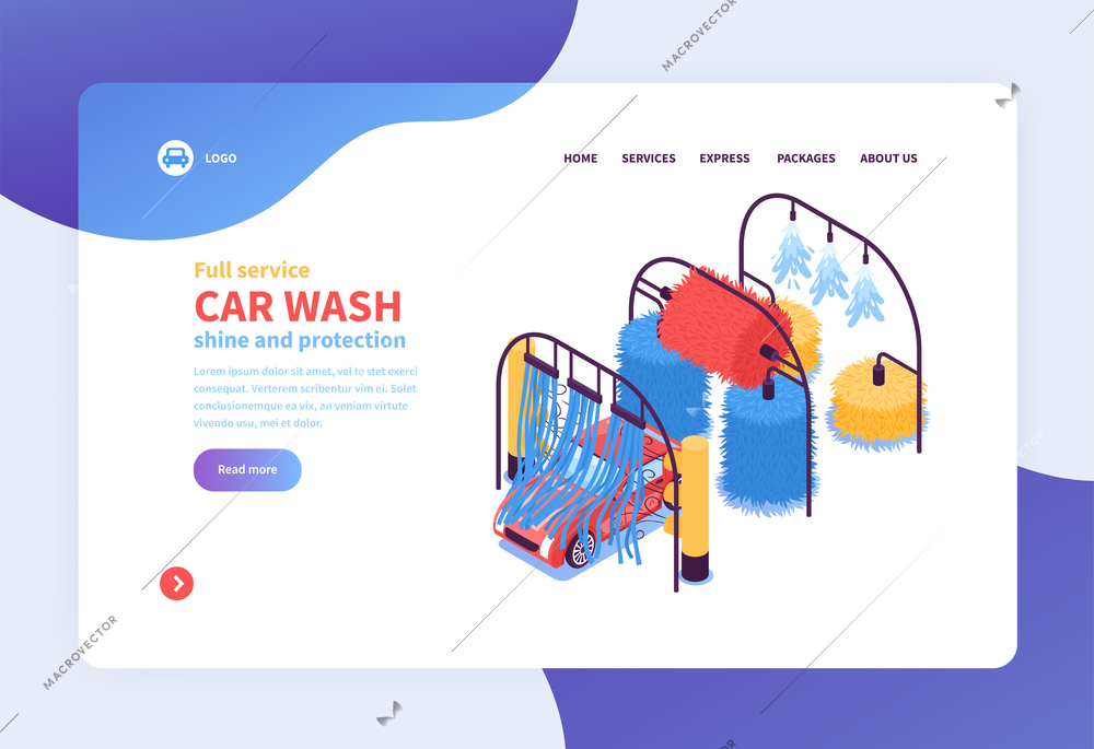 Isometric car washing services concept banner web page design with clickable links images and editable text vector illustration