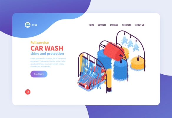 Isometric car washing services concept banner web page design with clickable links images and editable text vector illustration