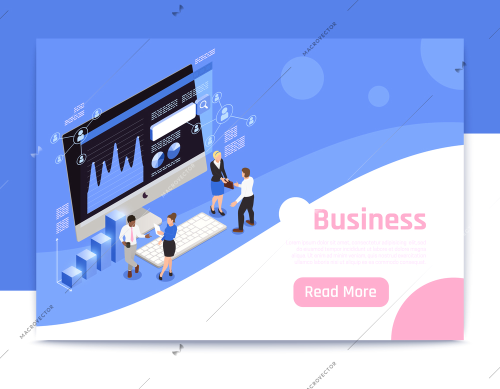 Business strategy isometric page design with marketing symbols vector illustration