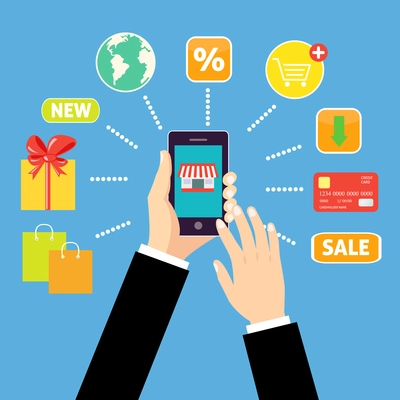 Online shopping concept with man holding smartphone and e-commerce icons vector illustration
