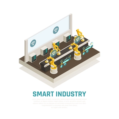 Smart indusrty composition with conveyor technology symbols isometric vector illustration