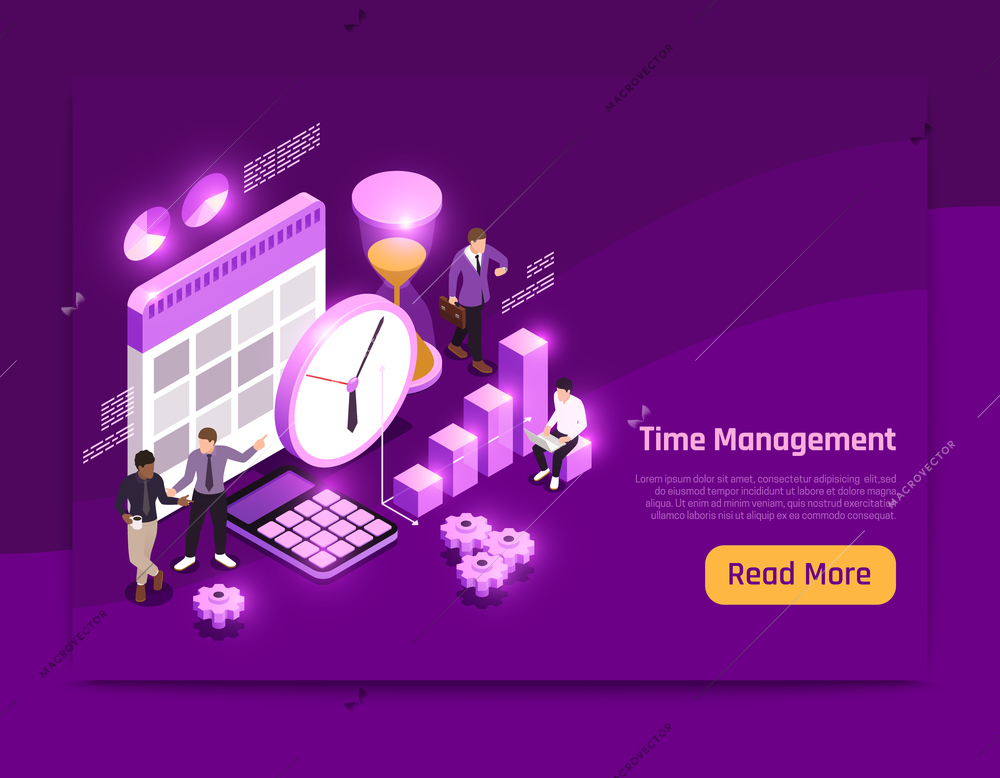 Business isometric page design with time management symbols vector illustration