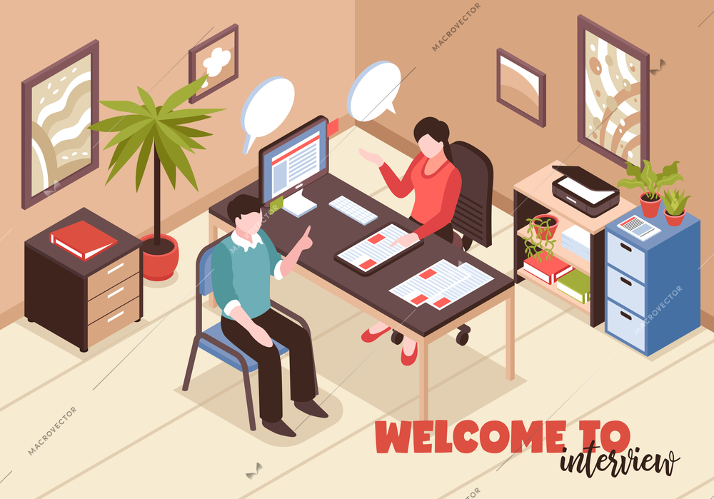 Isometric job search recruitment composition with text and office room interior with hr and job applicant vector illustration