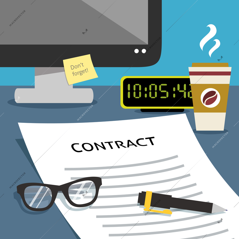 Paper contract laying on working office desk with computer on background vector illustration.