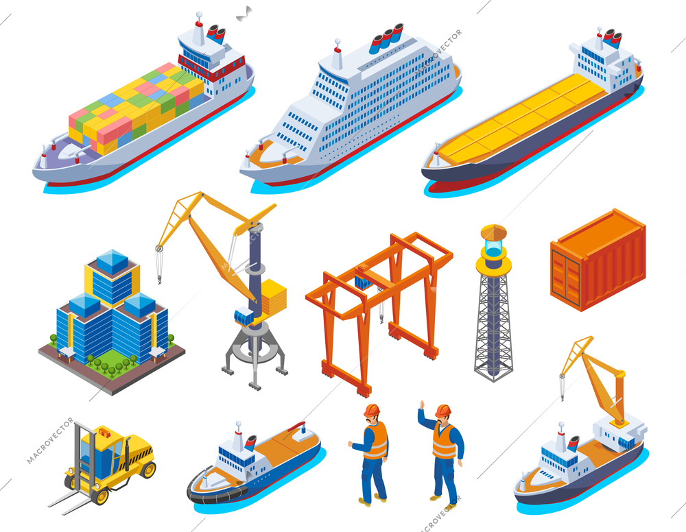 Seaport colored isometric icon set with isolated boats cranes ships and workers vector illustration