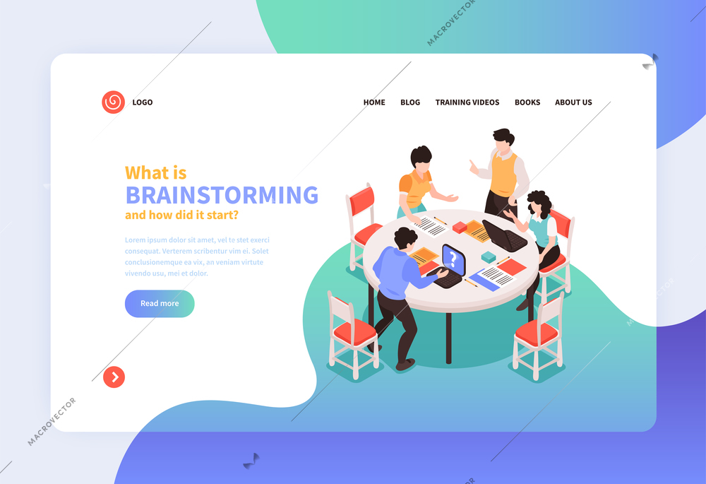 Isometric teamwork brainstorming concept banner web site landing page design with clickable links text and images vector illustration