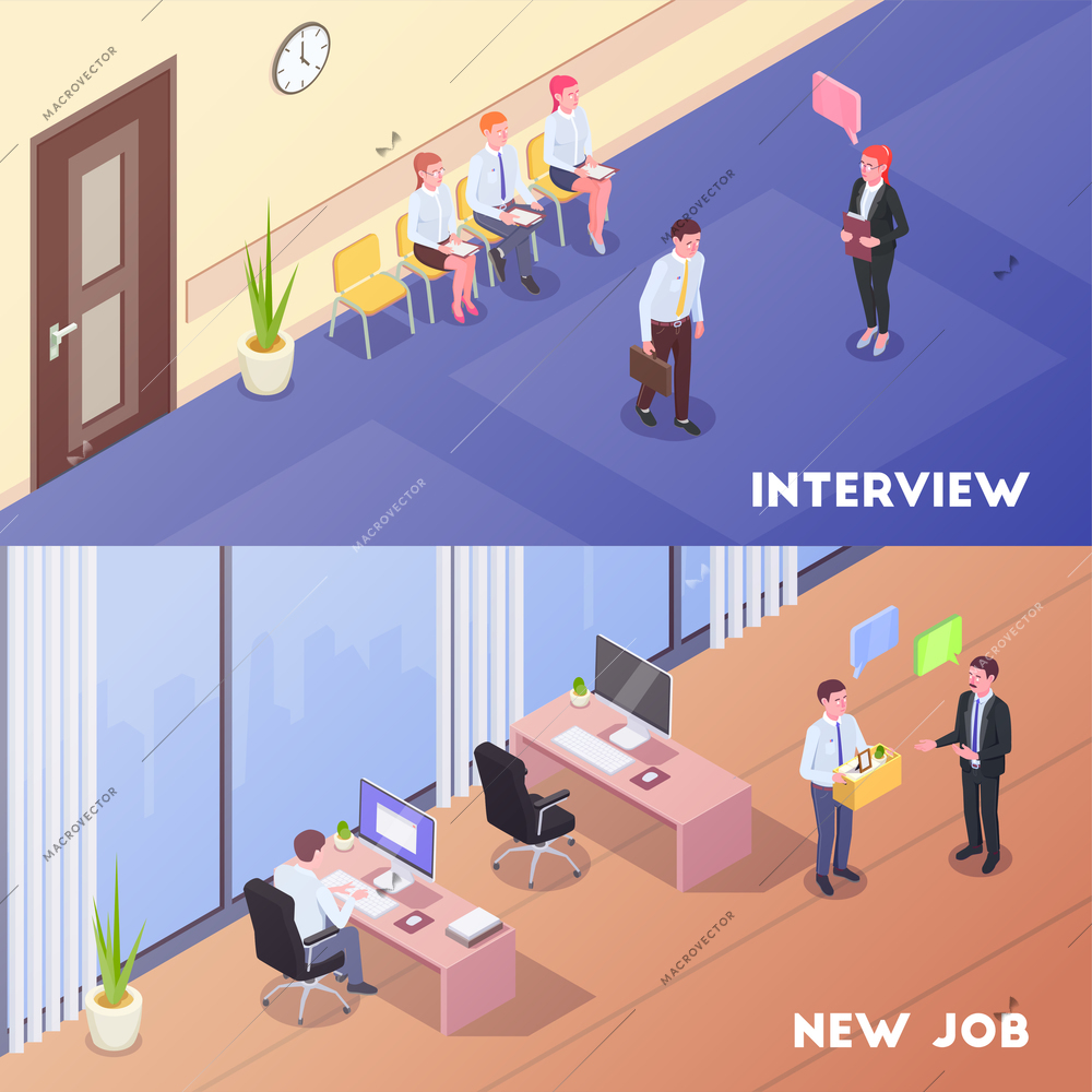 Recruitment isometric set of two horizontal background compositions with indoor office looks human characters and pictograms vector illustration