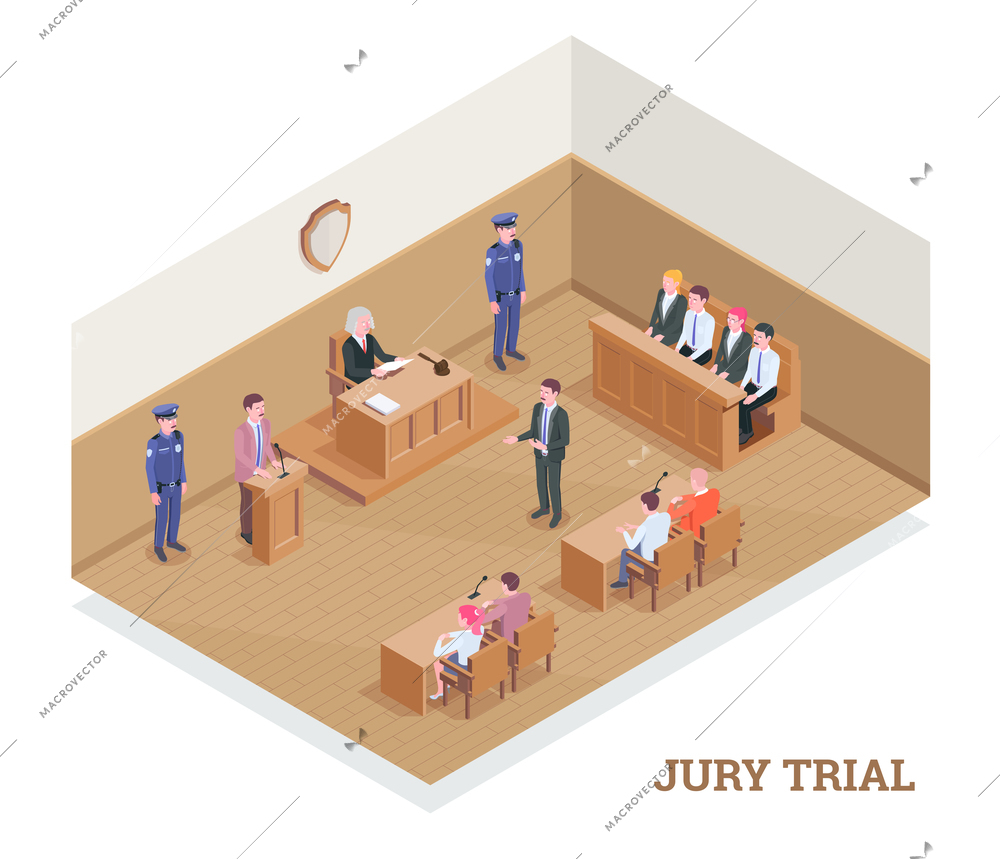 Law justice isometric composition with text and view of court room during session with human characters vector illustration