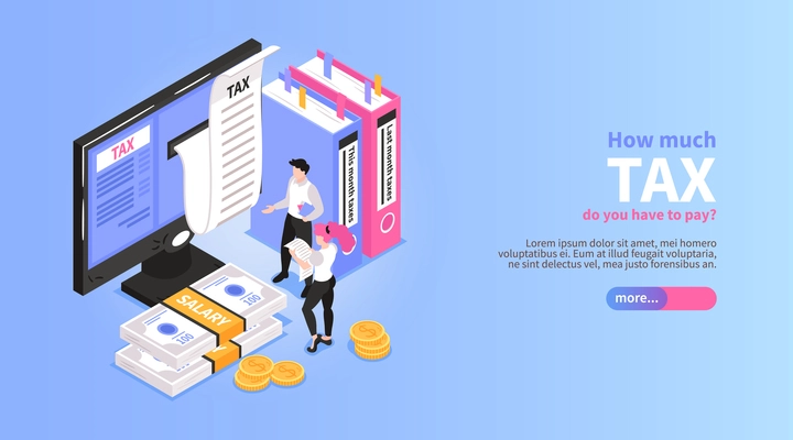 Isometric accounting horizontal banner with slider button editable text and male accountant characters near desktop computer vector illustration