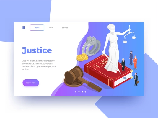 Law justice isometric website page design background with learn more button clickable links images and text vector illustration